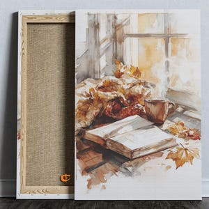 Autumn Reading Scene Printable Watercolor Art Cozy Fall Leaves Rustic Window View Cottagecore Decor Vintage Book Illustration 1546
