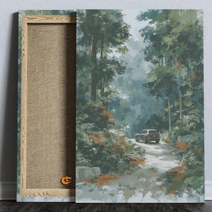 Art mural numérique BMW, peinture Moody Forest Drive, paysage de route boisé brumeux, impression sentier hiver paisible, décoration de cabine rustique 798