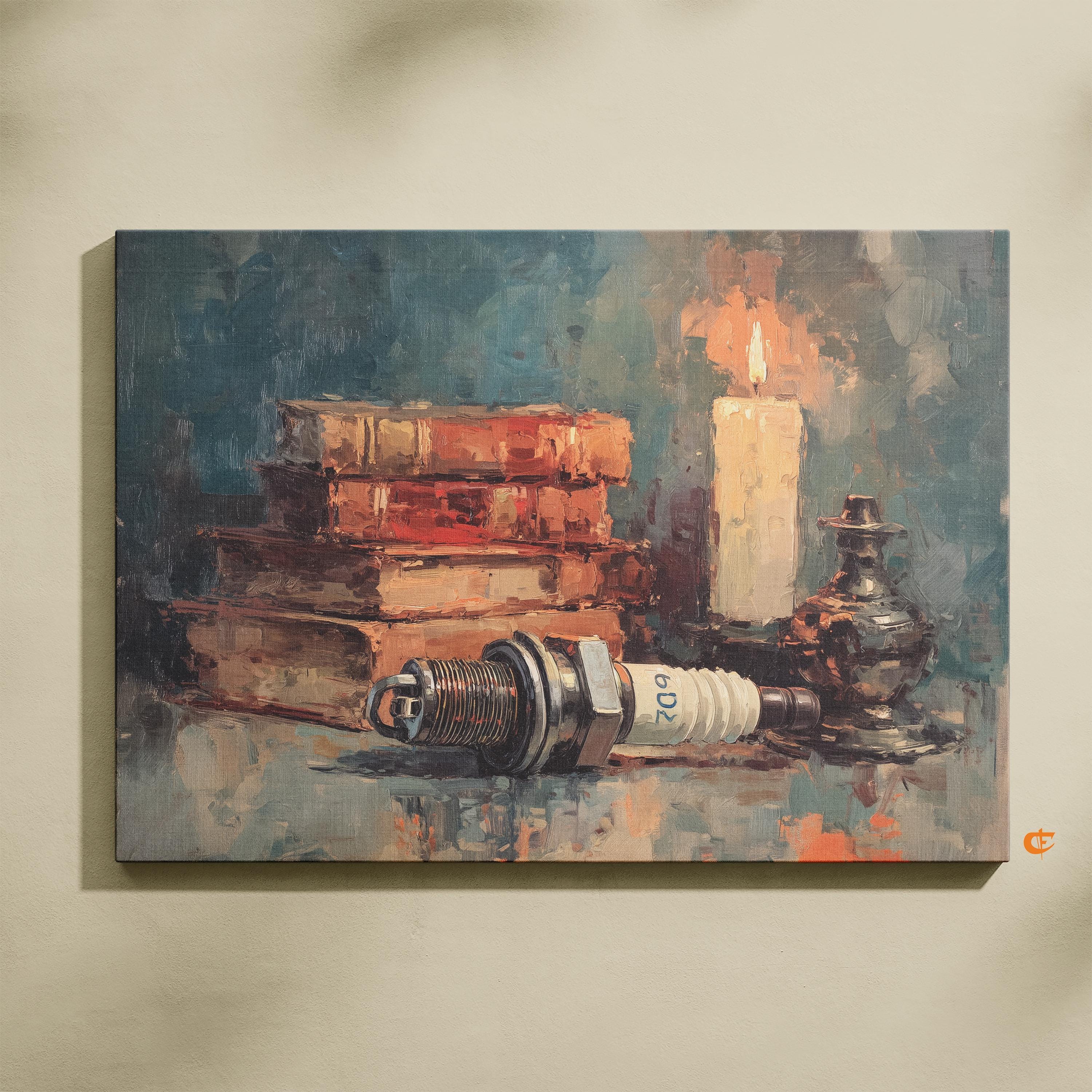 Vintage Spark Plug With Books Painting Old-world Quiet Scene Cozy