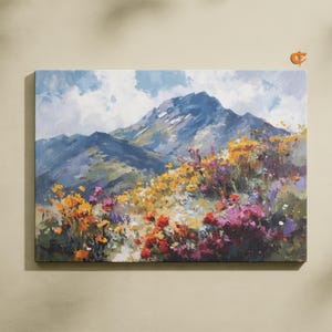 Majestic Mountain Oil Painting Vibrant Floral Landscape Spring Printable Wall Art Rustic Nature Decor Cottagecore Digital Download 1381