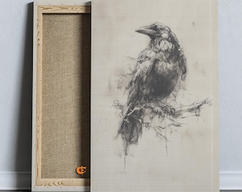 Printable Moody Raven Art Vintage Bird Sketch Rustic Charcoal Drawing Cottagecore Crow Decor Perched Raven Wall Art Digital File 1244
