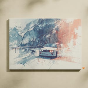 May include: Watercolor painting of a white car drifting on a mountain road. The artwork features a light color palette with blue mountains and a red and orange sky. The car has its headlights on.