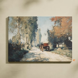 Rustieke cottage wegscène - vintage herfstolieverfschilderij, gouden uur hooiwagen onder bomen, afdrukbare landschapskunst, decor boerderij 722