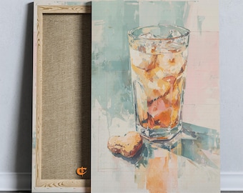 Té helado refrescante en vaso alto con limón. Arte de cocina rústica imprimible. Arte de pared de verano. Escena de bebida casera vintage retro 1123