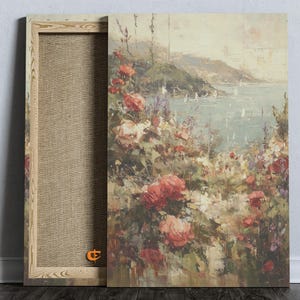 Coastal Garden Oil Painting Vintage Floral Seaside Art Summer Wall Decor Nautical Cottage Printable Ocean Beach House Art 1605