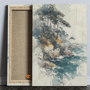 Scenic Coastal Cliff Landscape Painting Printable Watercolor Art Tall Pine Trees Rustic Ocean View Earthy Cottagecore Decor 1047