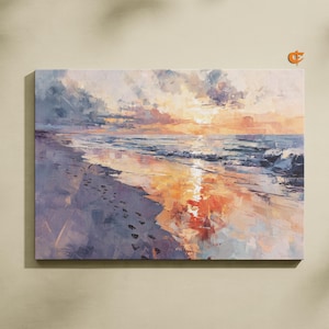 Watercolor Beach Sunset Art with Footprints Coastal Landscape Painting Ocean Wall Decor Summer Printable Art Seaside Tranquility 982