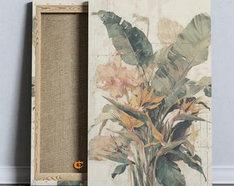 Tropical Banana Leaves and Bird-of-Paradise Printable Neutral Cottagecore Decor Vintage Farmhouse Art Soft Watercolor Digital Print 1585