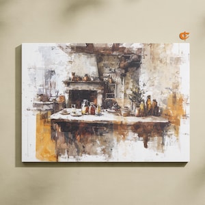 Rustic Farmhouse Kitchen Watercolor Printable Cozy Wall Art Vintage Cottage Decor Country Homestead Interior Scene Fine Art Print 1327