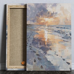 Sunset on a Sandy Beach Printable Watercolor Art Footprints in the Sand Coastal Wall Decor Serene Seascape Painting Ocean Sunrise 1070