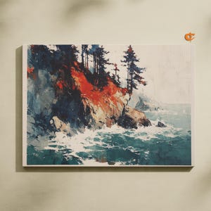 Coastal Pine Trees Watercolor Bold Seascape Art Printable Ocean View Rustic Nature Scene Cliffside Decor Digital Wall Art 961
