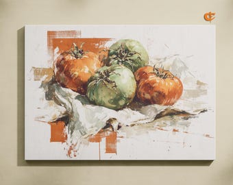 Può includere: Stampa su tela raffigurante una natura morta di pomodori. Il dipinto mostra cinque pomodori nelle tonalità dell'arancione e del verde, disposti su un panno bianco. Lo sfondo presenta pennellate arancioni, creando un'estetica rustica e artistica.