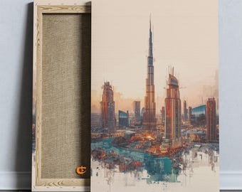 Modern Dubai Skyline Printable Art Digital Watercolor Vertical Burj Khalifa Cityscape Warm Golden Sunset Urban Wall Decor Download 1296