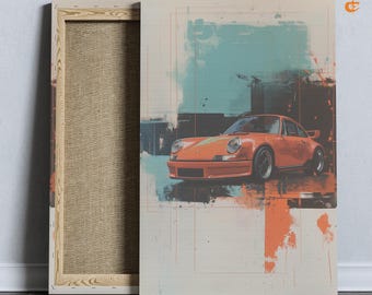 Puede incluir: Un coche deportivo Porsche 911 naranja vintage con interior negro, sobre un fondo abstracto azul y gris. El coche está pintado con una franja blanca y tiene un alerón trasero negro.