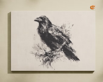 Printable Crow Pencil Sketch Rustic Black and White Bird Art