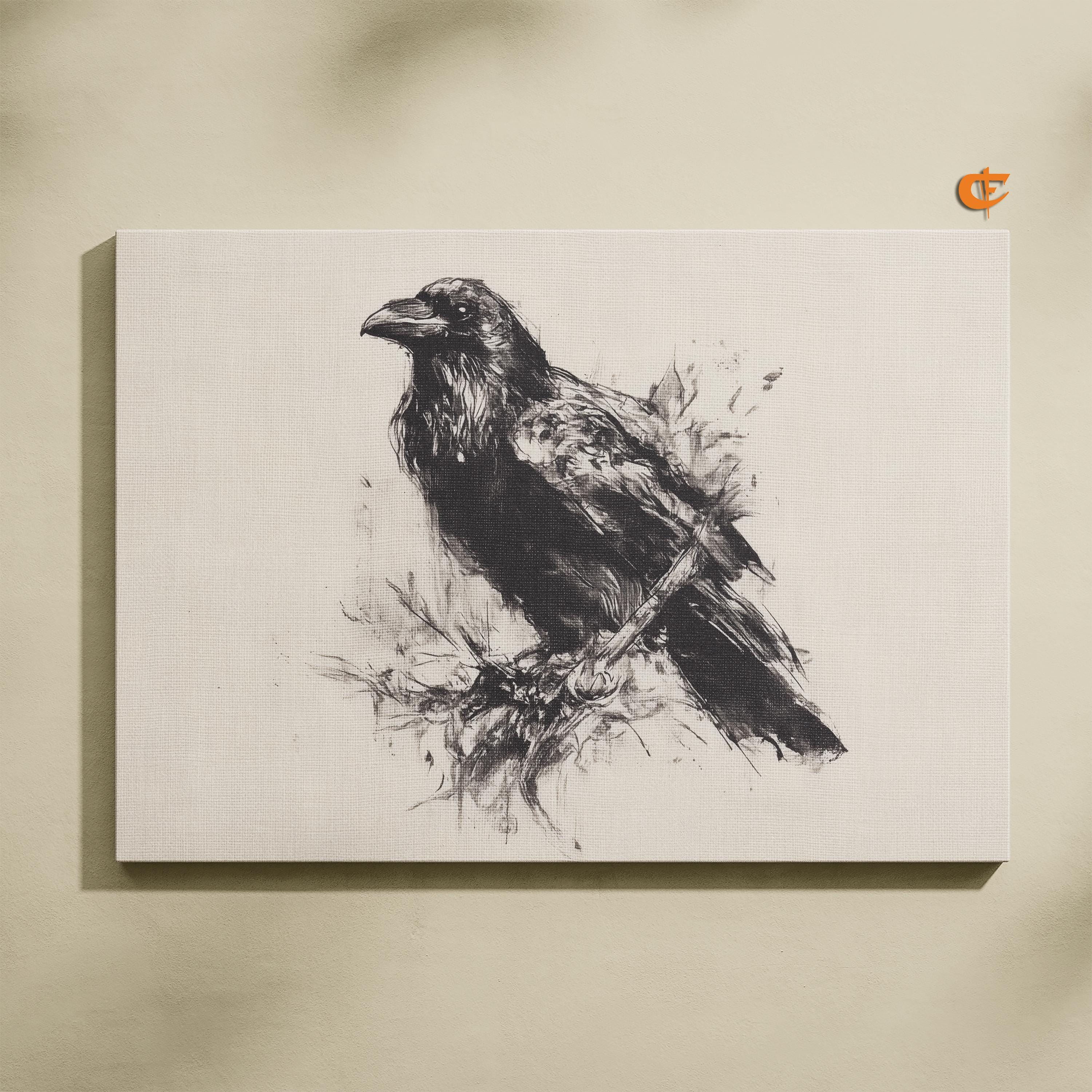 Printable Crow Pencil Sketch Rustic Black and White Bird Art