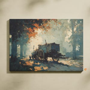 Rustiek herfstlandschap met hooiwagen - vintage herfsttafereel, afdrukbare muurkunst gouden uur, gezellig landdecor, digitaal schilderen 721