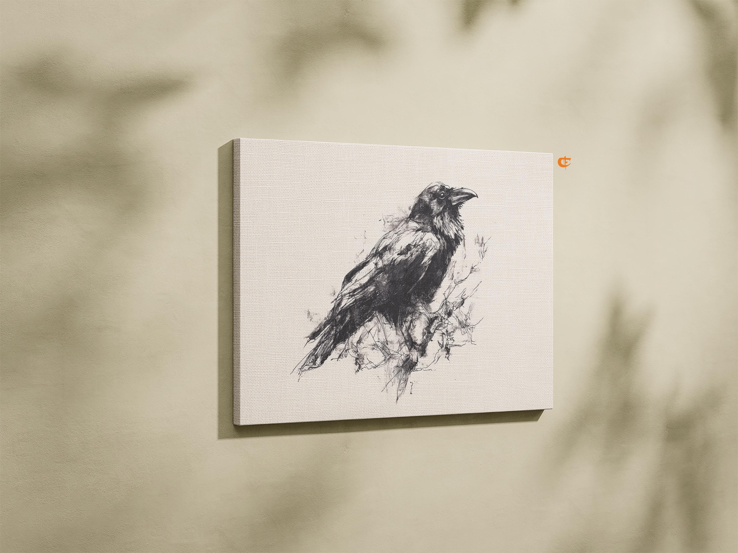 印刷可能な枝に描かれたカラスのスケッチ 素朴な鉛筆画 ムーディーな鳥
