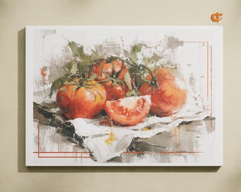 Può includere: Stampa su tela raffigurante una natura morta di pomodori maturi. Il dipinto mostra diversi pomodori rossi con steli e foglie verdi, e una fetta di pomodoro, appoggiati su un panno bianco. Utilizza una tavolozza di rossi, arancioni e verdi.