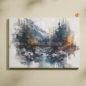 Rustic Watercolor Bridge Landscape Mountain Forest Scene Tranquil Nature Art Calm River with Wooden Bridge Printable Wall Decor 948