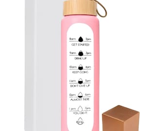 Motivational Glass Water Bottle 34oz with Copper Infuser, Bamboo Lid, Inspirational Gift for Fitness, Yoga, Wellness, Reusable Leak Proof