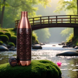 Puede incluir: Botella de agua de color cobre con un patr&oacute;n decorativo, sobre una superficie musgosa. La tapa est&aacute; al lado. El fondo muestra un arroyo, un puente y &aacute;rboles. Una soluci&oacute;n de hidrataci&oacute;n elegante y reutilizable.