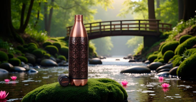 Puede incluir: Botella de agua de color cobre con un patr&oacute;n decorativo, sobre una superficie musgosa. La tapa est&aacute; al lado. El fondo muestra un arroyo, un puente y &aacute;rboles. Una soluci&oacute;n de hidrataci&oacute;n elegante y reutilizable.