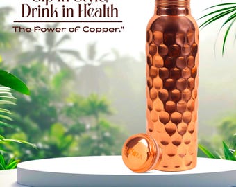 Diamond Pattern Copper Water Bottle | Geometric Ayurvedic | Handmade 1 Liter Reusable Water Vessel | Wellness Gift with Purity Certificate