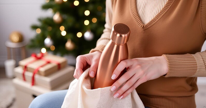 Puede incluir: Una botella de agua aislada de color cobre se sostiene en una bolsa de tela color crema. La botella tiene forma redondeada y tap&oacute;n de rosca. Un &aacute;rbol de Navidad con adornos dorados y plateados est&aacute; al fondo, junto con regalos envueltos.
