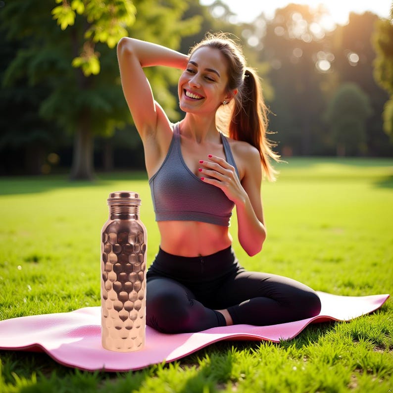 Puede incluir: Una botella de agua de cobre con una superficie texturizada y con hoyuelos. La botella es cil&iacute;ndrica con una tapa de rosca. La botella est&aacute; sobre una esterilla de yoga rosa en un c&eacute;sped.
