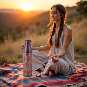 Puede incluir: Una botella de agua de color cobre con un dise&ntilde;o floral adornado se encuentra sobre una colorida manta. La botella tiene una tapa morada oscura y un patr&oacute;n detallado. La escena est&aacute; ambientada al aire libre con una puesta de sol al fondo.