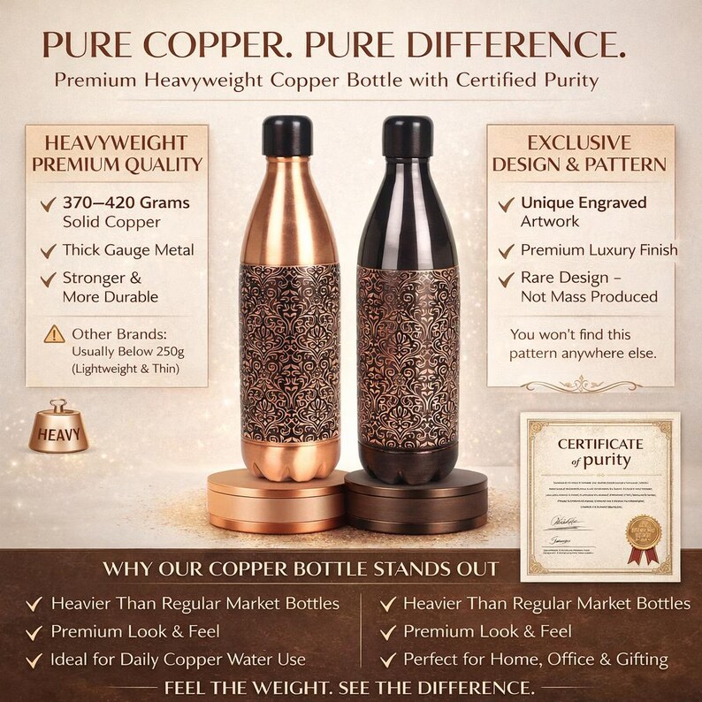 Botella de agua de cobre puro de 946 ml (32 oz) – Recipiente de cobre ayurvédico para beber, hecho a mano, a prueba de fugas, ecológico, regalo ideal para la hidratación. imagen 19