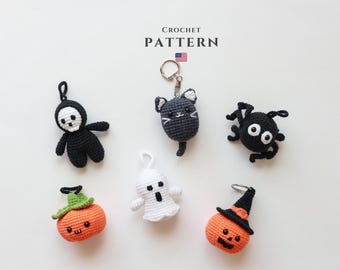 Crochet Halloween Keychain Pattern: Amigurumi Ghost, Cat, Spider, Pumpkin (PDF Pattern)