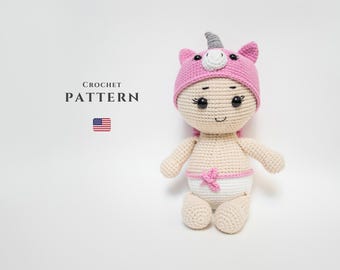 Schema all'uncinetto per bambola amigurumi: Luna l'unicorno (schema inglese)