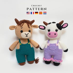 CROCHET PATTERN: Amigurumi Cow and Bull | Crochet Farm Animal Toys | DIY Pattern in English, Français, Deutsch, Español, Dutc