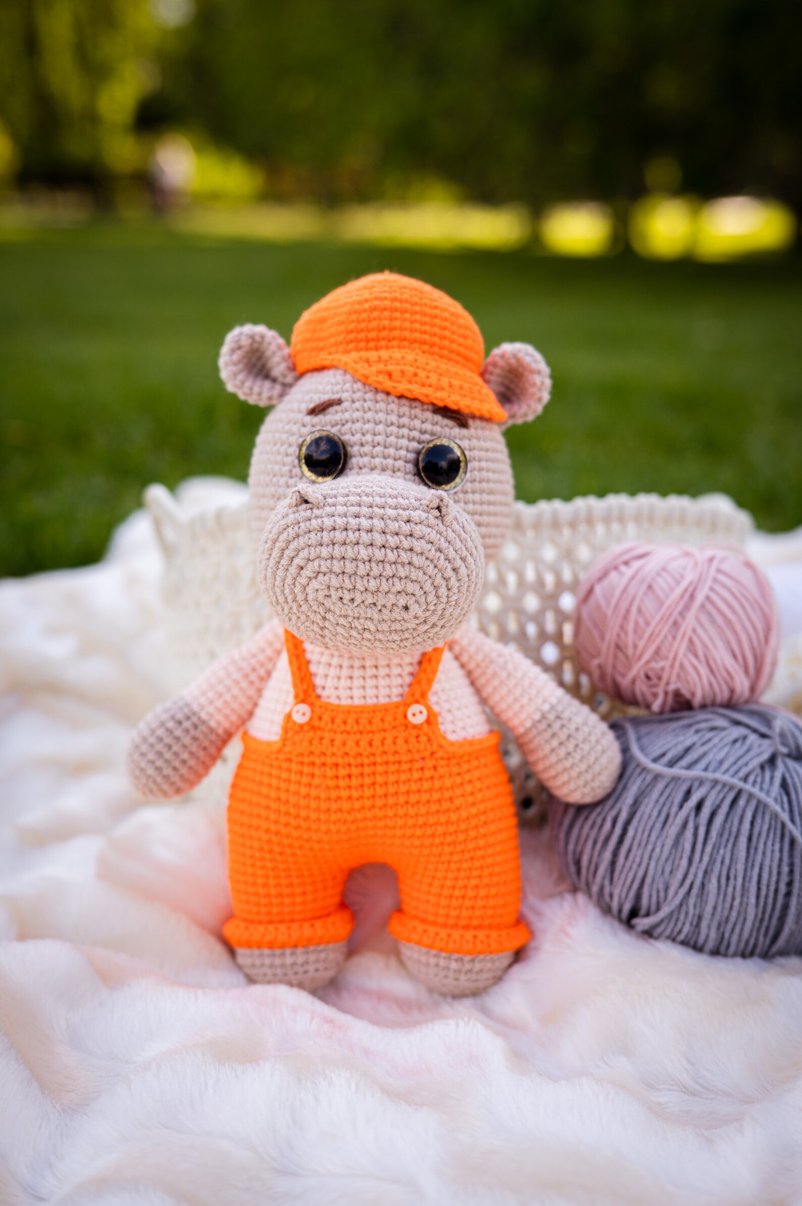 Handmade Crochet Hippo Toy in Pink Jumpsuit main image 1