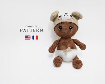 Amigurumi Baby Doll Crochet Pattern: Dog Hat, 9-10 Inch (Digital Download)