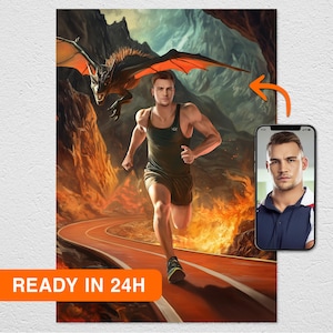 May include: A digital art print depicts a man running on a track, with a dragon in the background. The artwork is set in a fiery, mountainous landscape. A smartphone displays a portrait of a man. Text on the image reads "READY IN 24H".