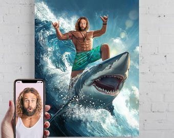 Custom Surfer Portrait from Photo, Epic Gift for Surf Lovers, Personalized Surfer Gift for Him, Fantasy Surf Wall Art Canvas Gift for Him