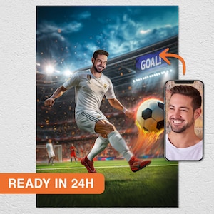 Ritratto personalizzato di un calciatore da foto, regalo personalizzato per lui, stampa artistica da parete unica per gli appassionati di calcio, regalo epico per calciatori