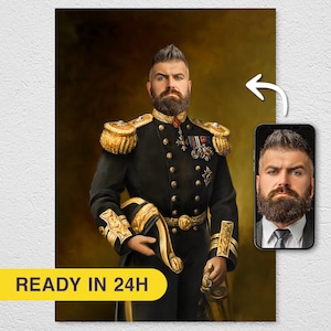 May include: A digital painting of a person in a military uniform with gold trim and medals. The person has a beard and is looking directly at the viewer. The background is a dark brown color.