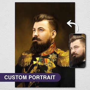 May include: A custom portrait of a person in a military uniform with gold trim and medals. The portrait is painted in a realistic style with a dark background.