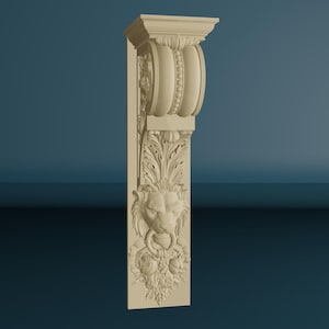 ライオンの彫刻が施された木製コーベル、花と古典的なデザインで囲まれたライオンの頭が付いた木製コーベル、塗装されていない木製ブラケット