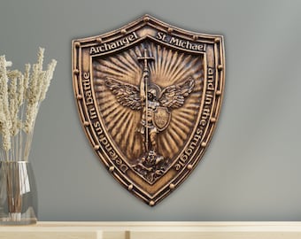Shield with St Michael Wood Carving, Wooden Shield with Archangel Michael in Battle