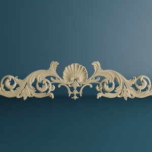 Shell with Flowing Acanthus Leaves Wood Carved Applique, Unpainted Wooden Onlay, Furniture Wood Carving Décor