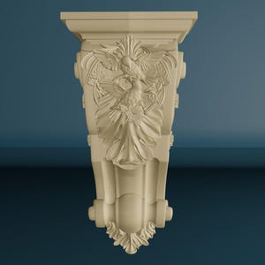 Könnte beinhalten: Ein beigefarbener, verzierter Konsol mit einem geschnitzten Design von zwei Vögeln im Flug. Die Konsole ist aus einem glatten, strukturierten Material gefertigt und hat ein dekoratives, florales Design.