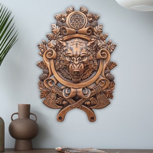 Wolf Wood Carving, Viking Wolf Fenrir, Wood Carved Wolf with Traditional Celtic Patterns