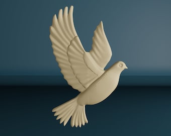 May include: A beige ceramic dove sculpture with its wings spread out in flight. The dove is against a dark blue background.