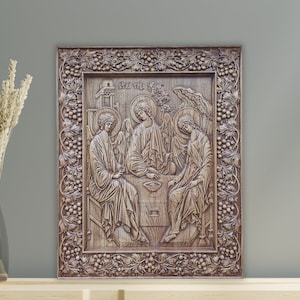 Holy Trinity Icon Wood Carving, Wooden Orthodox Icon of Holy Trinity