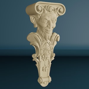 May include: A white, decorative, 3D printed corbel with a whimsical face and floral details. The corbel is designed to be used as a decorative element in a home or garden.